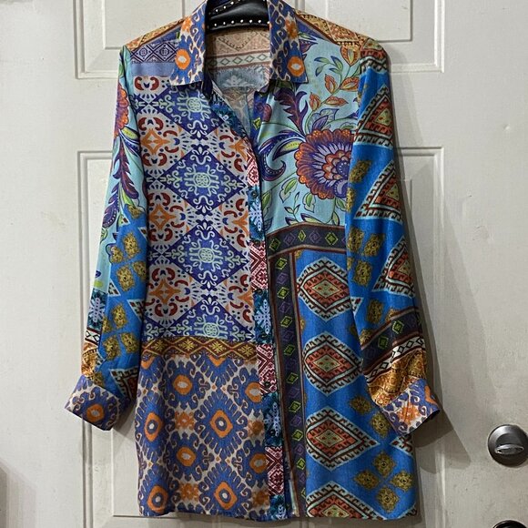 Avani Del Amour Sz S Shirt Tunic Long Sleeve Multicolor Patchwork Mixed Print - Picture 1 of 7